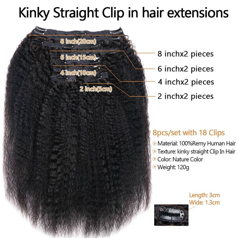 Grawwhair 8 PiecesSet Kinky Straight Clip-Ins Hair Extensions Clip in Human Hair