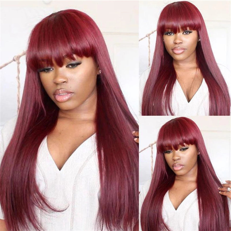 Grawwhair #99J Colored Machine Made Wig With Bang Burgundy Straight & Body Wave No Lace Human Hair Wig
