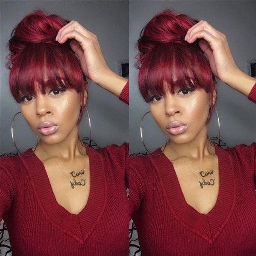 Grawwhair #99J Colored Machine Made Wig With Bang Burgundy Straight & Body Wave No Lace Human Hair Wig