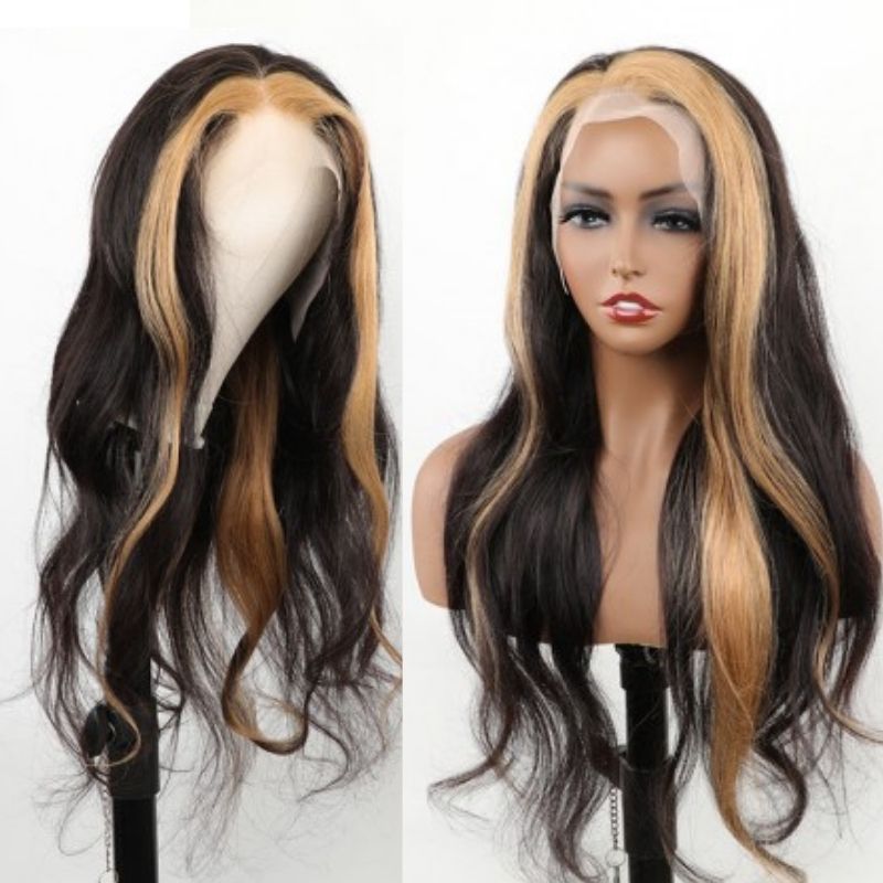 Grawwhair Blonde Skunk Stripe Hair Natural Body Wave and women's straight hair lace wig