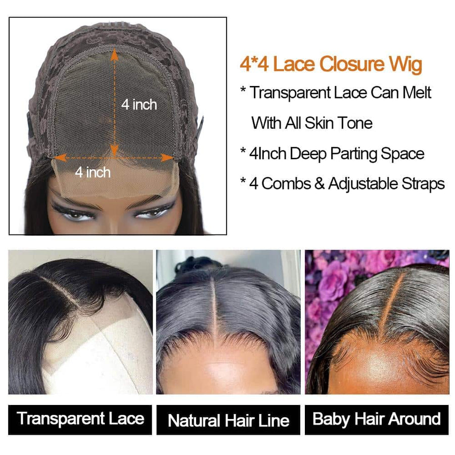 Grawwhair Deep Wave 4x4 Transparent Lace Closure Wig 100% Human Virgin Hair