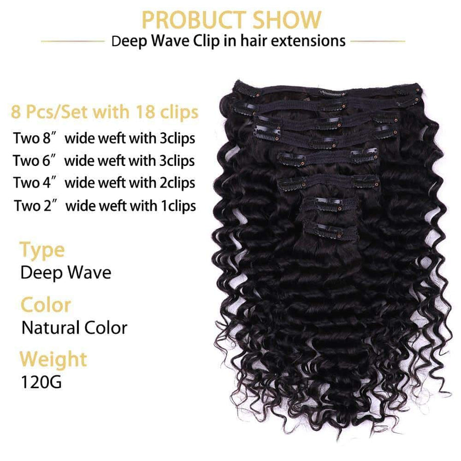 Grawwhair Deep Wave Clip Ins Hair Extensions Natural Human Hair Extensions 8 Pieces/Set