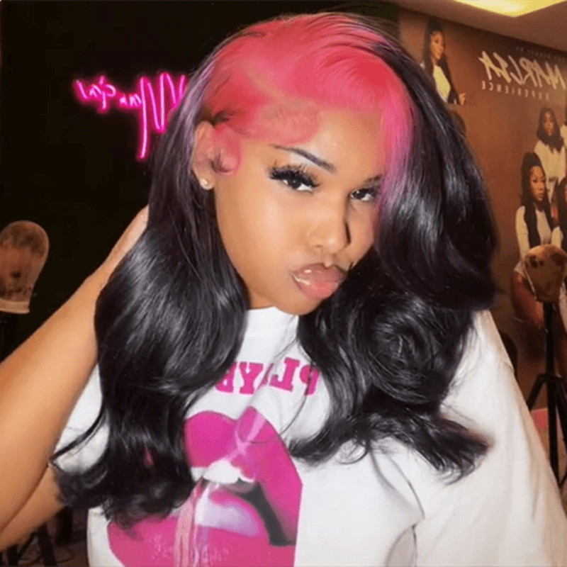 Grawwhair Hot Pink Sparkle Roots and Black Hair Body Wave Lace Frontal Wig