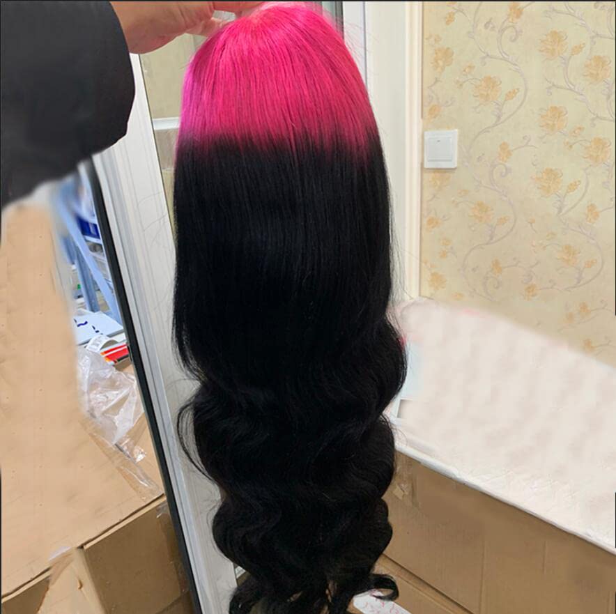 Grawwhair Hot Pink Sparkle Roots and Black Hair Body Wave Lace Frontal Wig