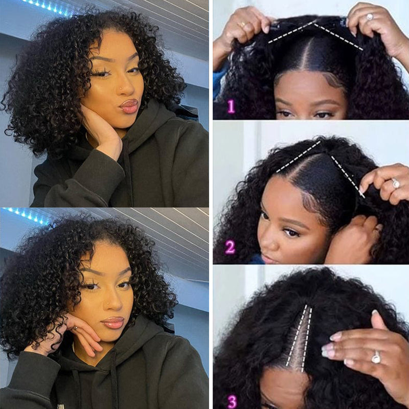 Grawwhair Kinky Curly V Part Bob Wig No Leave Out Upgraded U Part Wig 100% Human Hair Wigs