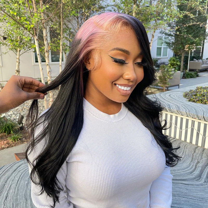 Grawwhair Light Pink Sparkle Roots & Black Hair Body Wave 13x4/13x6 Lace Frontal Wig Brazilian Human Hair Wig
