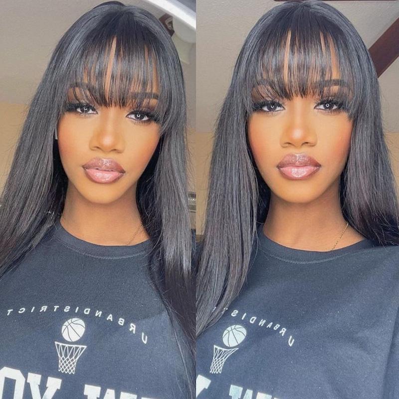 Grawwhair Machine Made Wig With Bang Straight/Body Wave No Lace Human Hair Wig