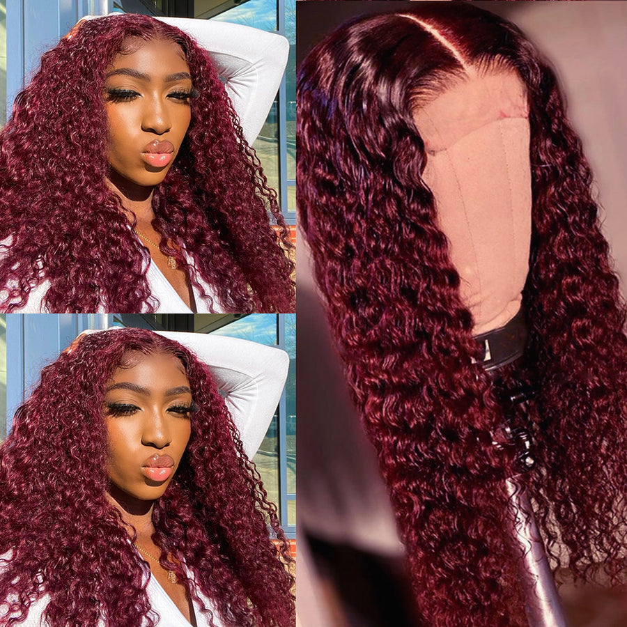 Grawwhair Pre-Colored 99J Curly Wave Wig 13x4 Lace Front Human Hair Wigs
