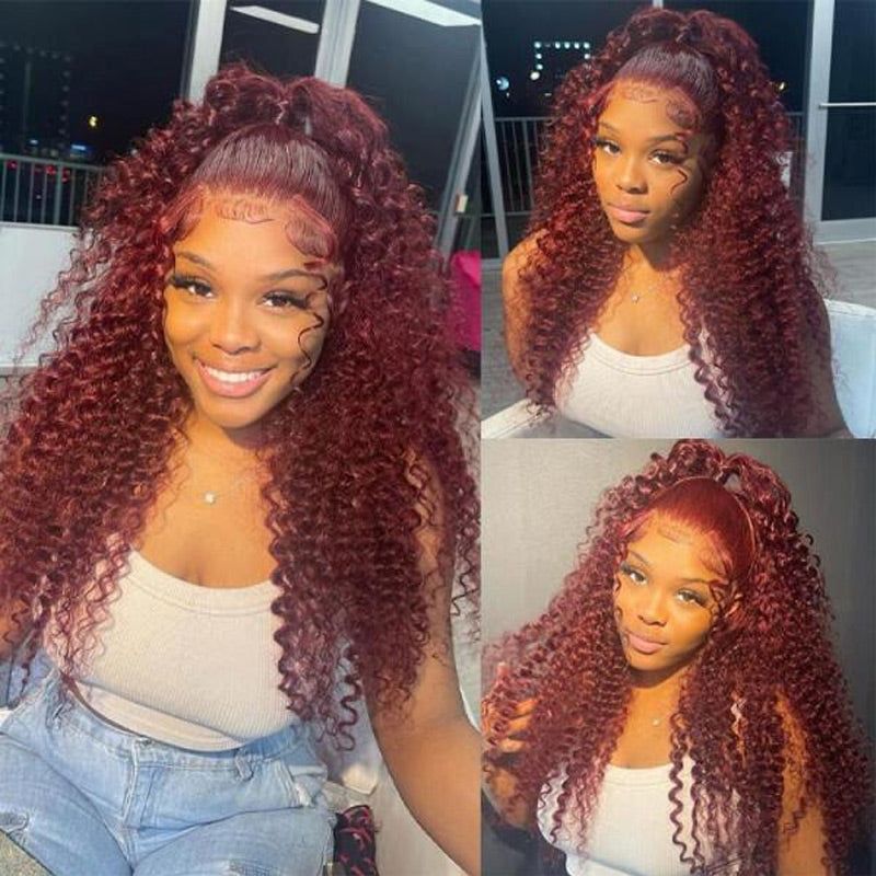 Grawwhair Pre-Colored 99J Curly Wave Wig 13x4 Lace Front Human Hair Wigs