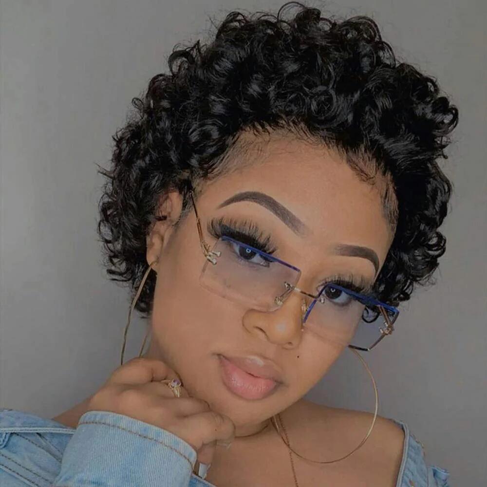 Grawwhair Short Pixie Cut Glueless Curly Wig Lace Front Human Hair Wigs