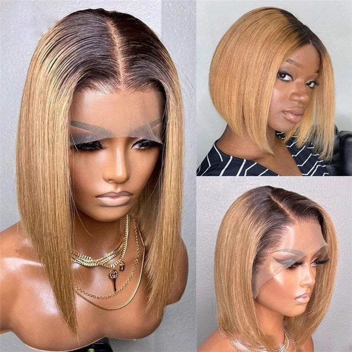 Grawwhair 1B/27 Honey Blonde Ombre Short Straight Bob Wig Pre-Colored Lace Wig 100% Human Virgin Hair