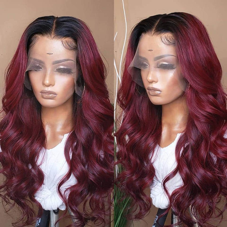 Grawwhair Human Hair Wig Ombre Burgundy Body Wave Lace Front Wigs