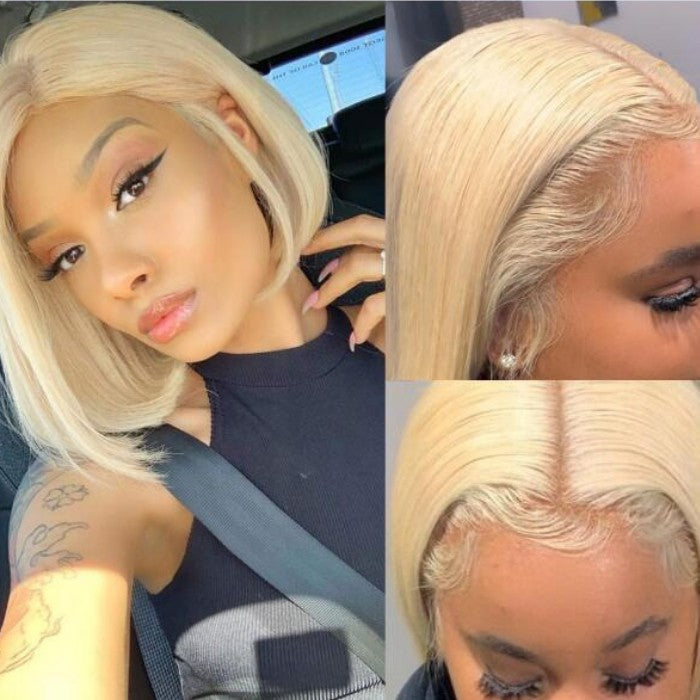 Grawwhair #613 Blonde Color Short Bob 13x4/4x4 Lace Front Human Hair Wigs Pre Plucked Transparent Lace Wig