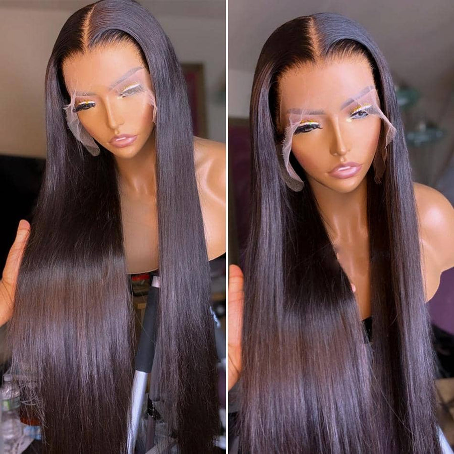 Grawwhair wig shop,#1 Jet Black Colorred Wig,Straight hair,Transparent Lace Front Wig,baby hair